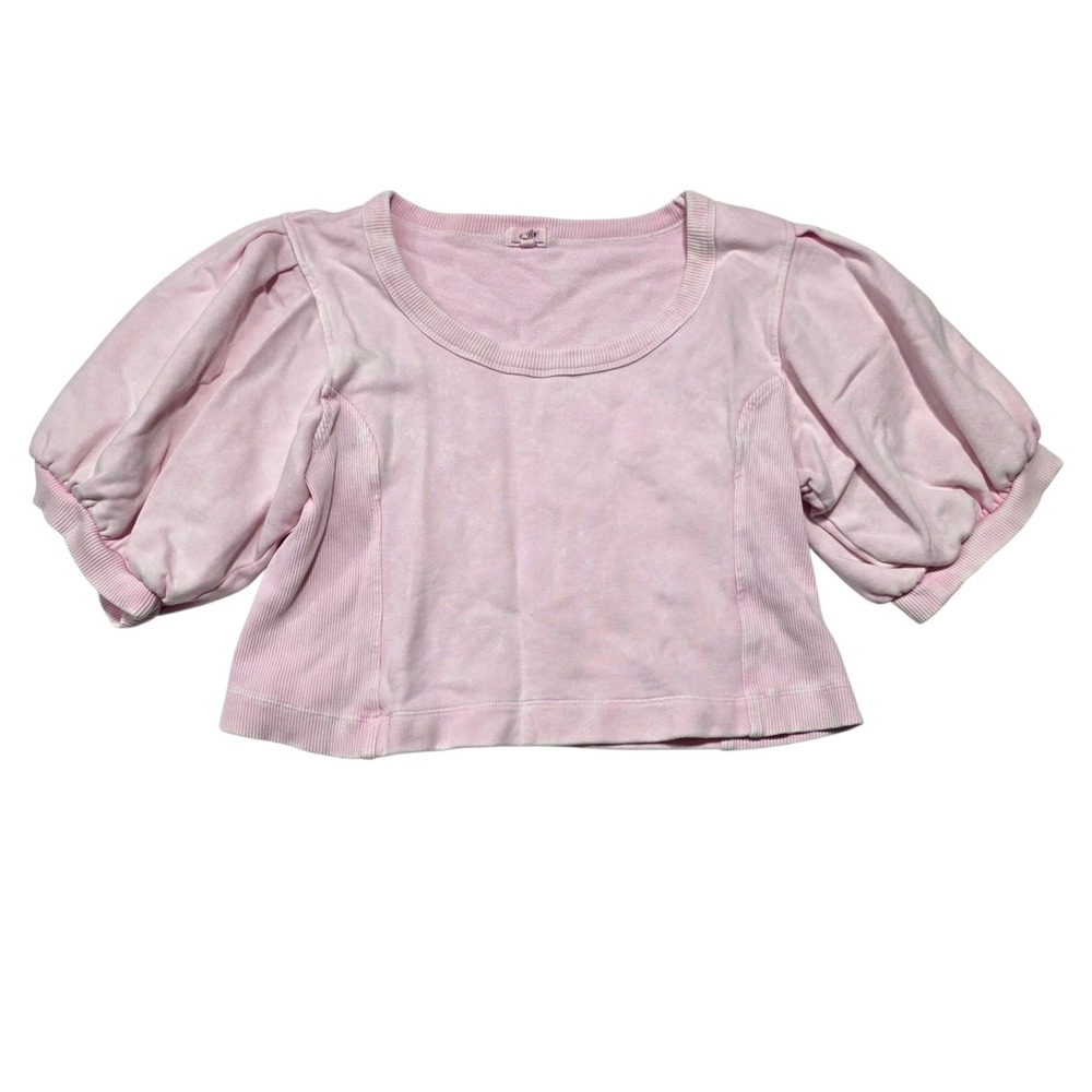 Aerie Puff Sleeve Cropped Sweatshirt Womens Large Pink Cotton Blend Ribbed Sides